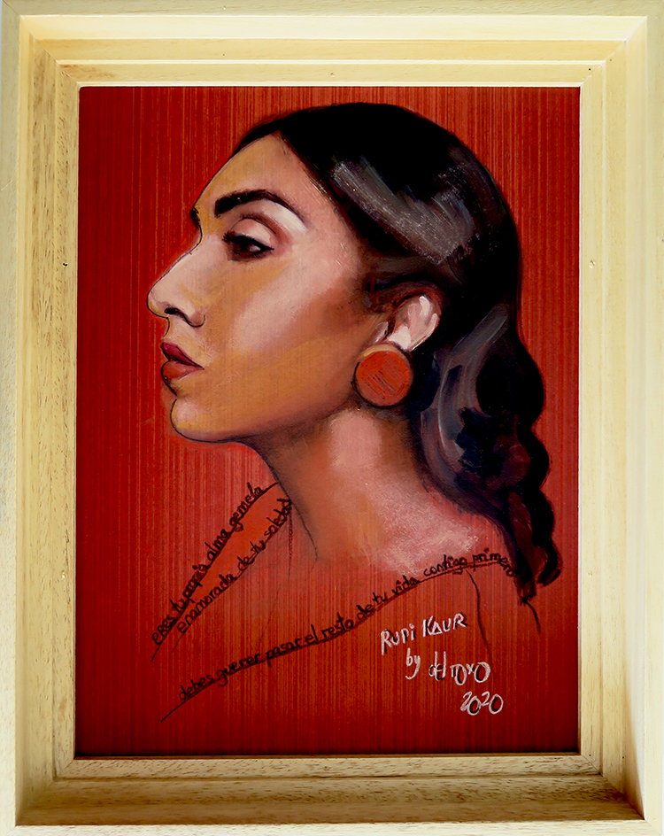 Retrato de Rupi Kaur realizado en óleo y lápiz sobre papel pintado por Maria del Roxo