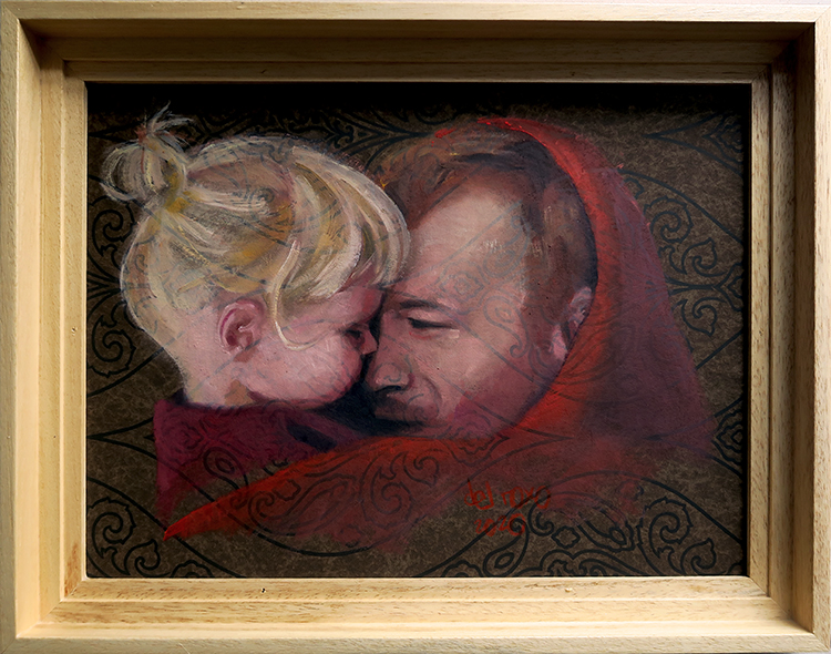 Retrato de padre e hija en óleo sobre papel pintado