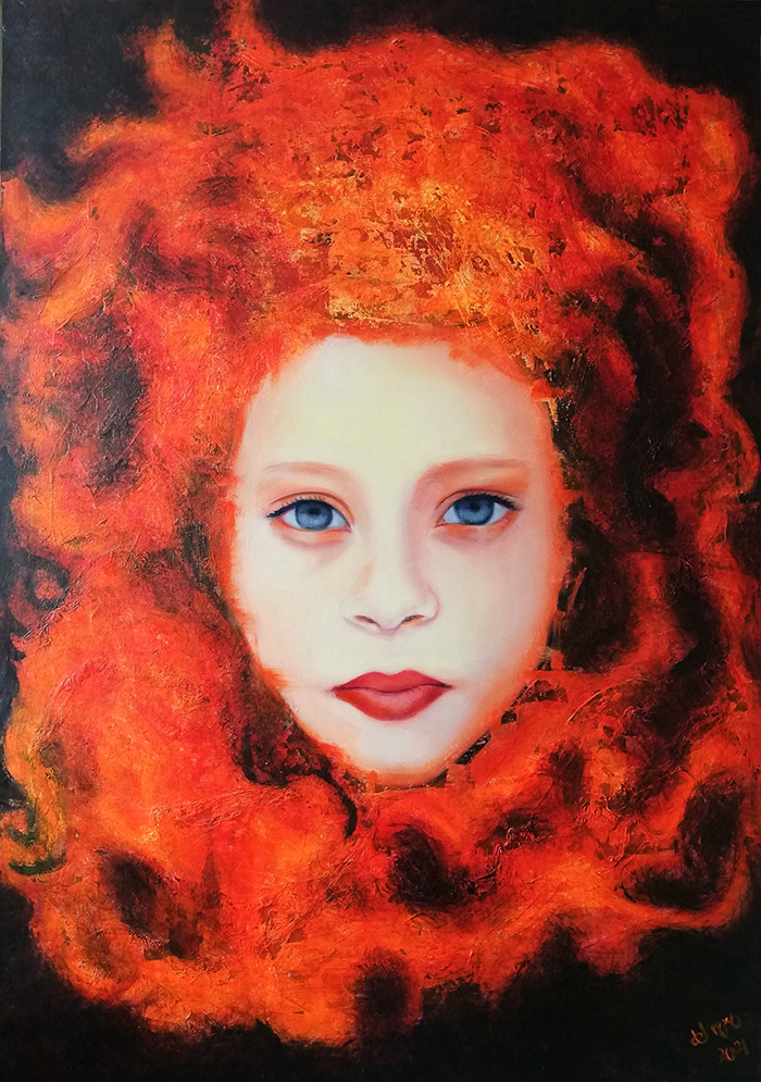 Un fascinante retrato o interpretación de la mítica Medusa, a base de texturas y capas de color.