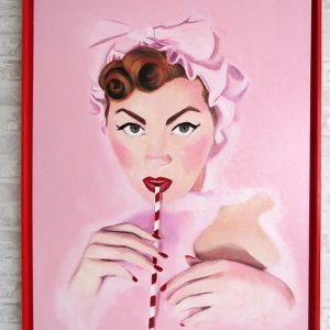 pintura-maria-del-roxo-retrato-contemporaneo-vintage-femenino-rosa-smoothy-batido-de-fresa