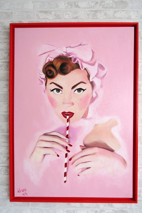 pintura-maria-del-roxo-retrato-contemporaneo-vintage-femenino-rosa-smoothy-batido-de-fresa