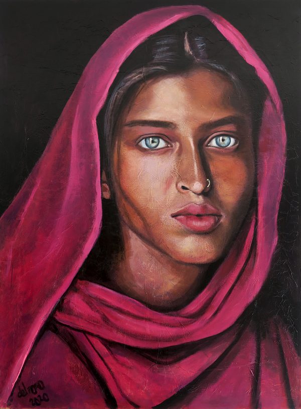 pintura-retrato-mujer-joven-bangladesh-panuelo-rosa-fucsia-ojos-claros