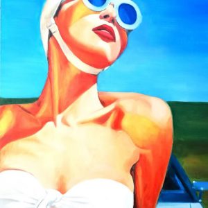Arte María del Roxo Pintura contemporánea Asturias retrato mujer joven gafas azules gorro de baño bikini glamour verano vintage