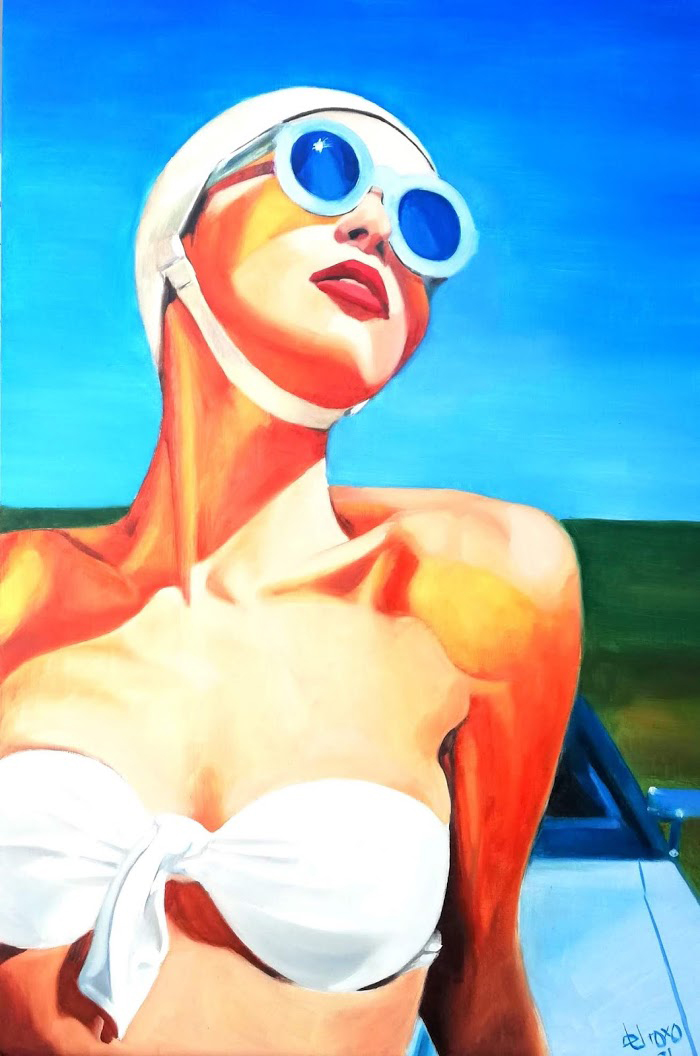 Arte María del Roxo Pintura contemporánea Asturias retrato mujer joven gafas azules gorro de baño bikini glamour verano vintage