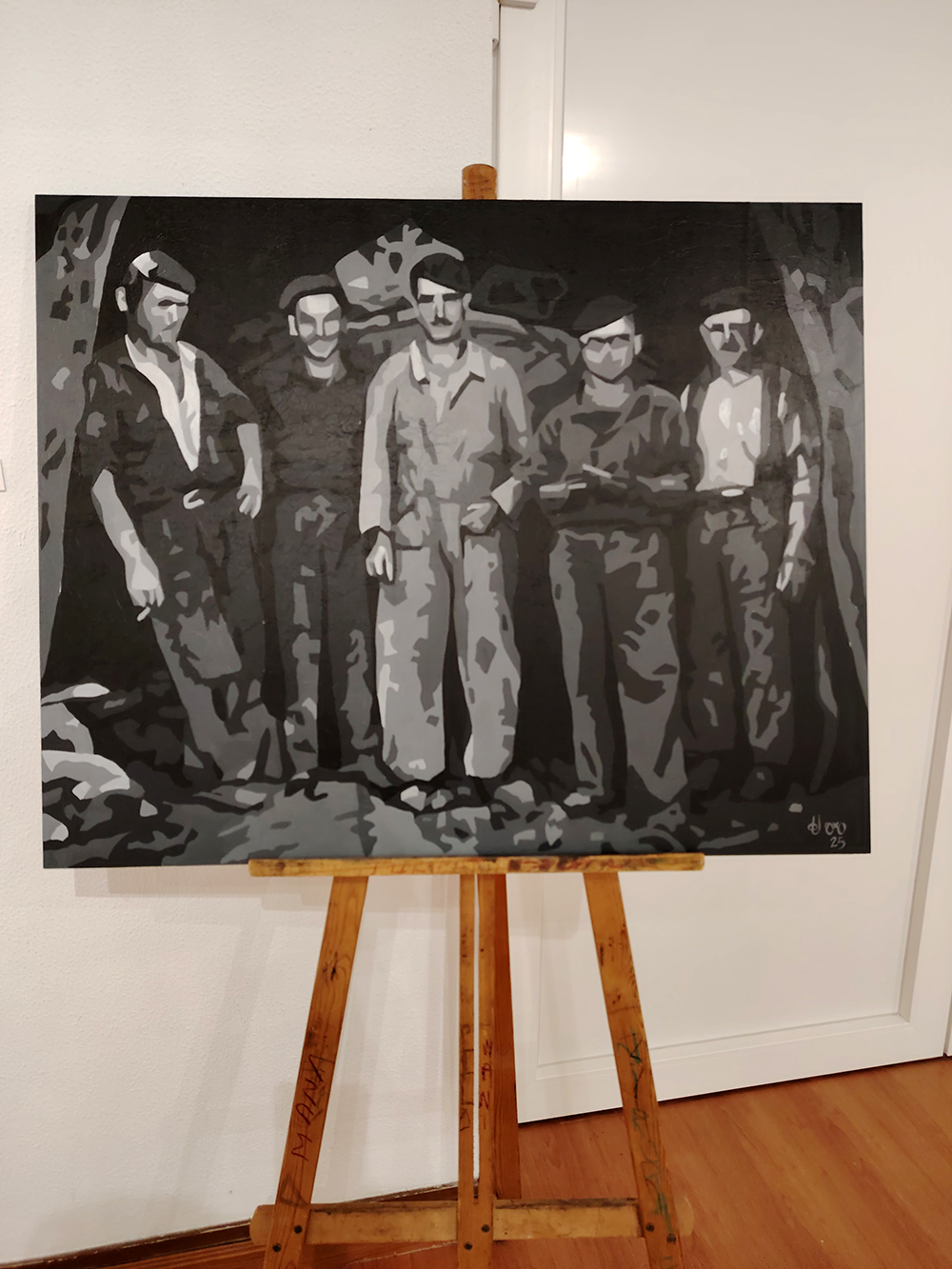 32125-arte-maria-del-roxo-blanco-negro-mineros-minería-asturias-laciana-vintage-salida-mina-pozo-pintura-figurativa-2