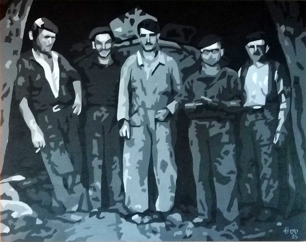 32125-arte-maria-del-roxo-blanco-negro-mineros-minería-asturias-laciana-vintage-salida-mina-pozo-pintura-figurativa